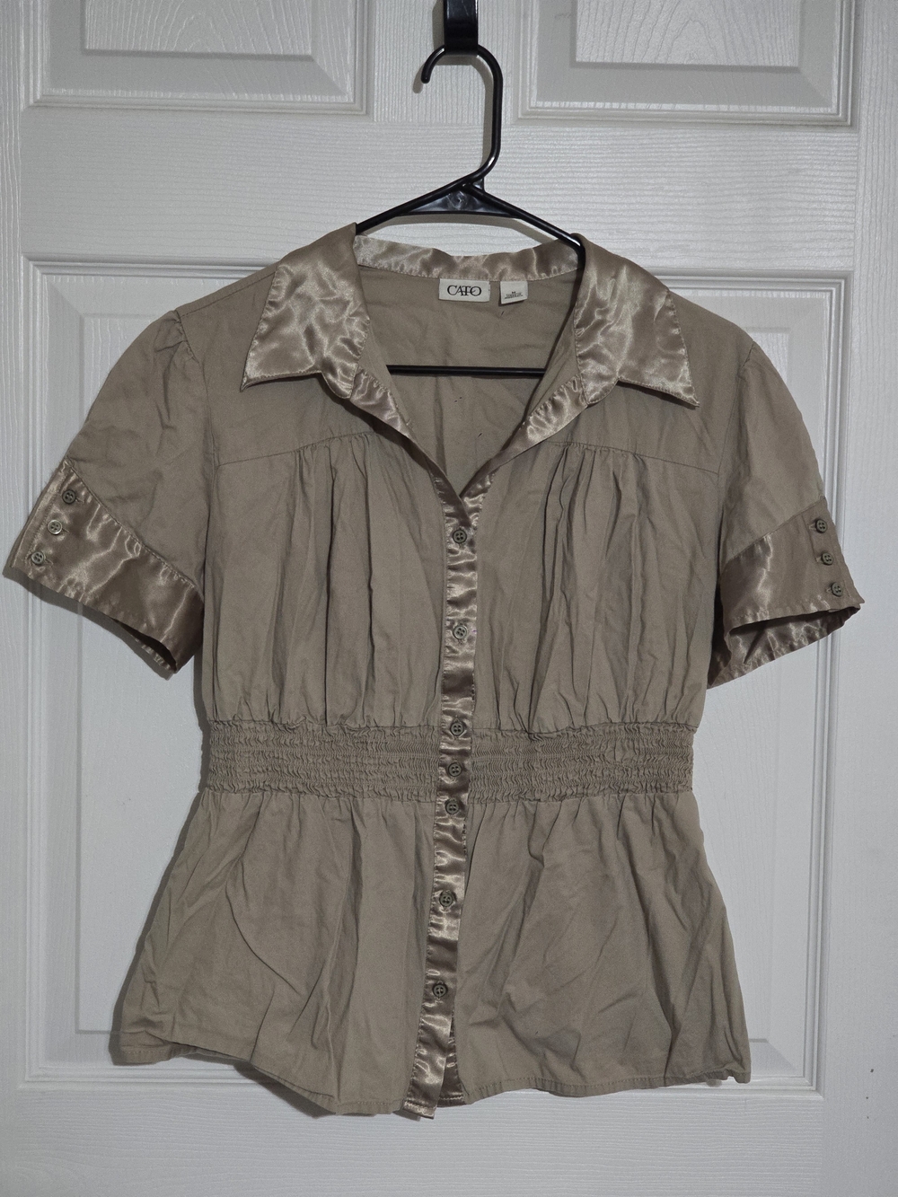 Cato Taupe Satin-Trim Button-Front Blouse